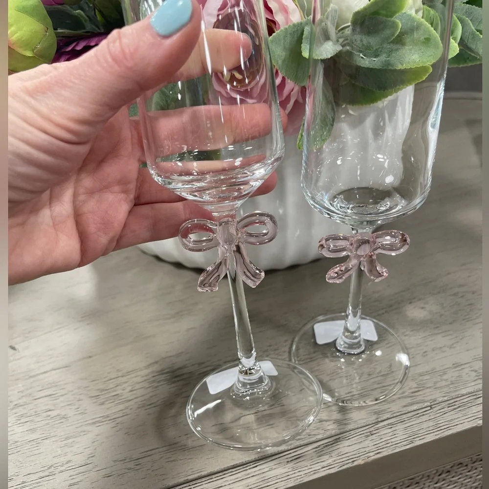 Pink Bow Ribbon Coquette Glass Champagne Flute Glasses Set of 2 NWT